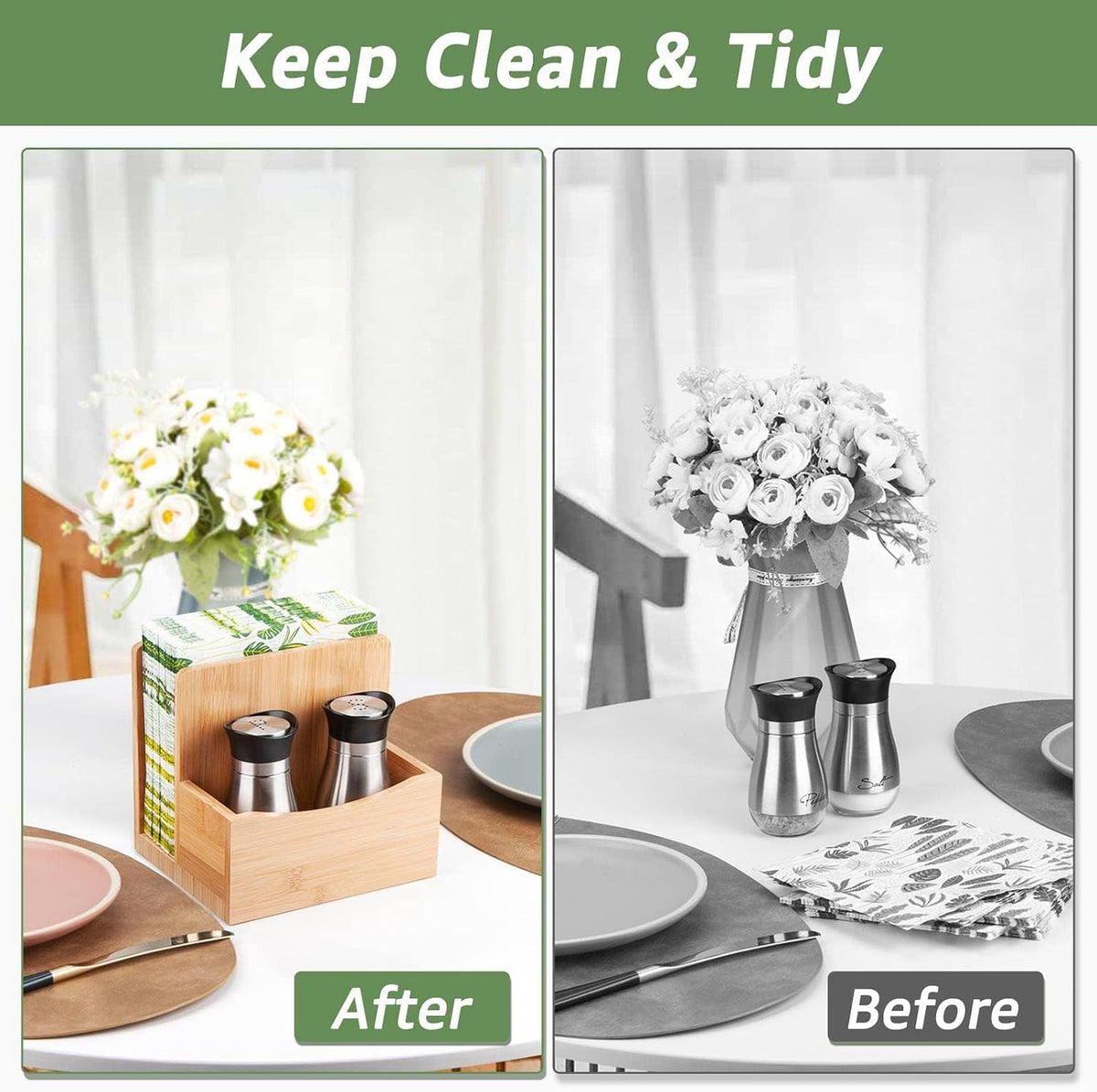Bamboo Salt Pepper Napkin Holder for Kitchen Dining Table