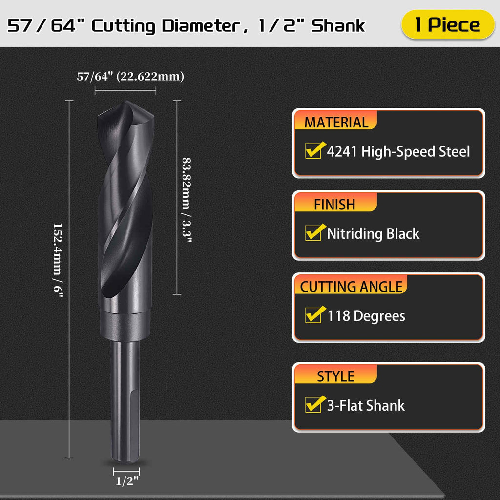 CoCud Drill Bit 57/64" Diameter (22.622mm) 1/2" Shank 3-Flat 4341 HSS