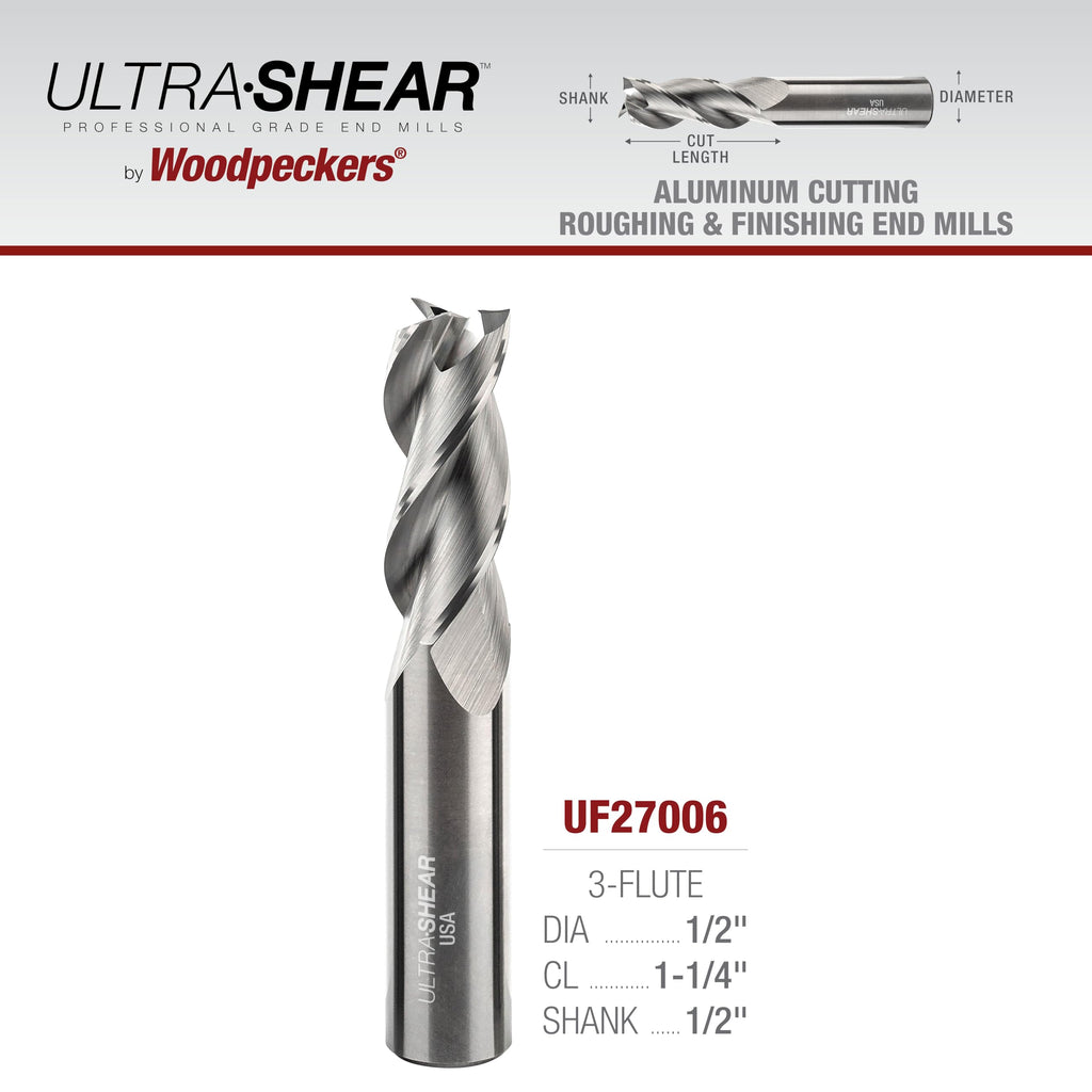 Ultra-Shear 1/2 Inch End Mills, 3 Flute, USA Made Solid Carbide CNC Aluminum Cutting End Mill Bits for Roughing & Finishing - Square End - UF27006