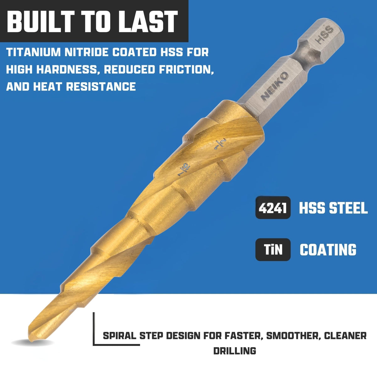 NEIKO 10605A Step Drill Bit, 6 Steps 3/16" to 1/2" Spiral High Speed Steel, Titanium Nitride Coated, 1/4" Quick Change Step Bits for Steel, Metal, Wood, Plastic, Unibit Cone Drill Bits, Two Flute