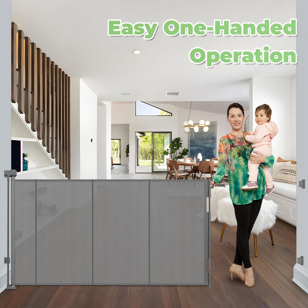 37" Tall x 155" Extra-Wide Retractable Indoor/Outdoor Mesh Pet & Child Safety Gate with One-Hand Safety Lock for Wide Openings, Patios & Stairways