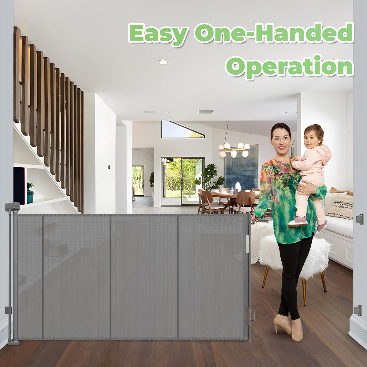 37" Tall x 155" Extra-Wide Retractable Indoor/Outdoor Mesh Pet & Child Safety Gate with One-Hand Safety Lock for Wide Openings, Patios & Stairways