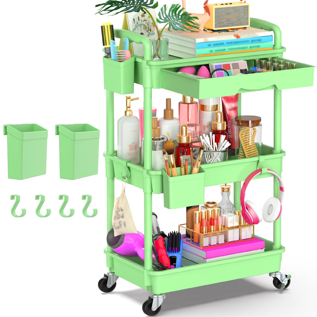 3 Tier Rolling Utility Cart Organizer with Removable Drawer, Green