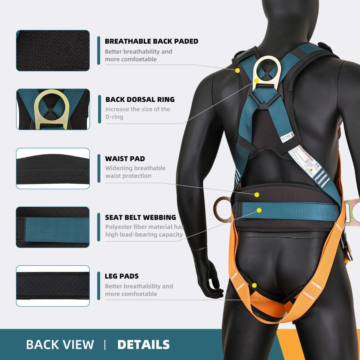 Fall Protection Harness,Safety Harness Fall Protection for Roofing/Electrical Work,Cushion bag&extra 30FT Rope