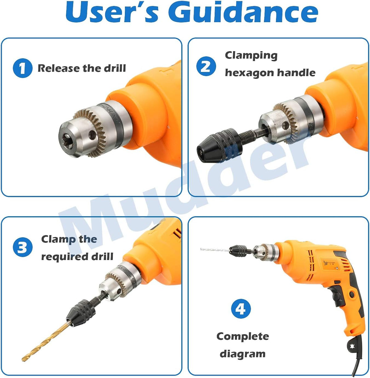 Mudder 4 Pcs Keyless Drill Chuck for Impact Driver, 1/4, 1/8, 1/16 Inch