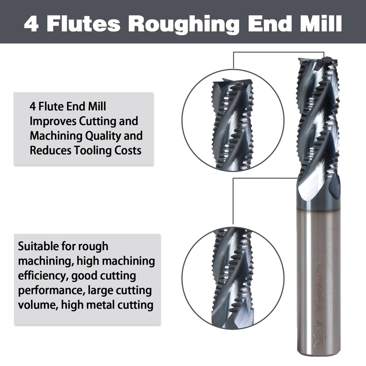 XYunEnZ 3/8" 4 Flute Roughing End Mill AlTiN Coated Carbide, 1Pcs