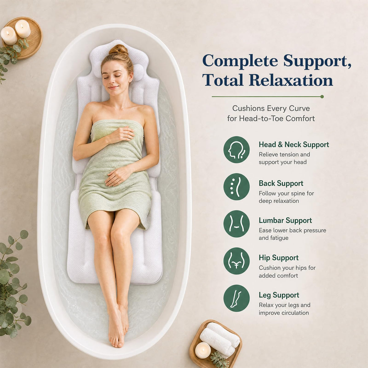 Full Body Bath Pillow for Tub, 55"x17" 5D Air Mesh Cushion with Lumbar & Neck Support – 168 Non-Slip Suction Cups Spa