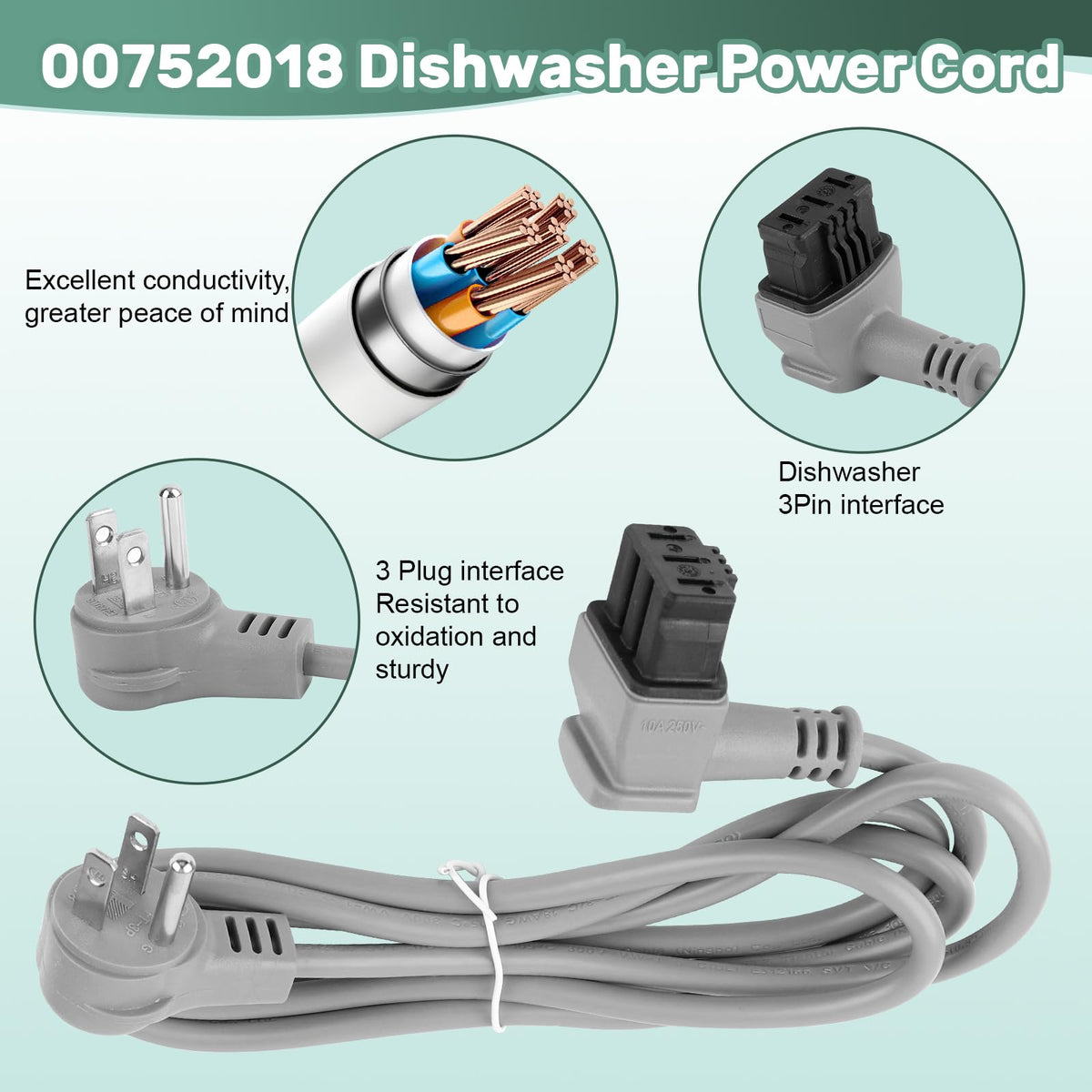 00752018 Dishwasher Power Cord, Replacement SMZPC002UC Plug Cord