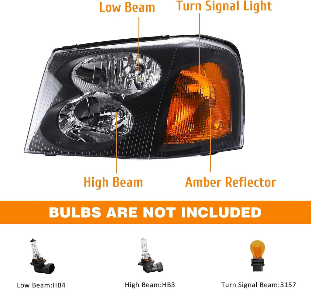 Headlight Assembly Compatible with 2002-2009 GMC Envoy, Headlamp w/o Bulb Replace# 15866071 15866070