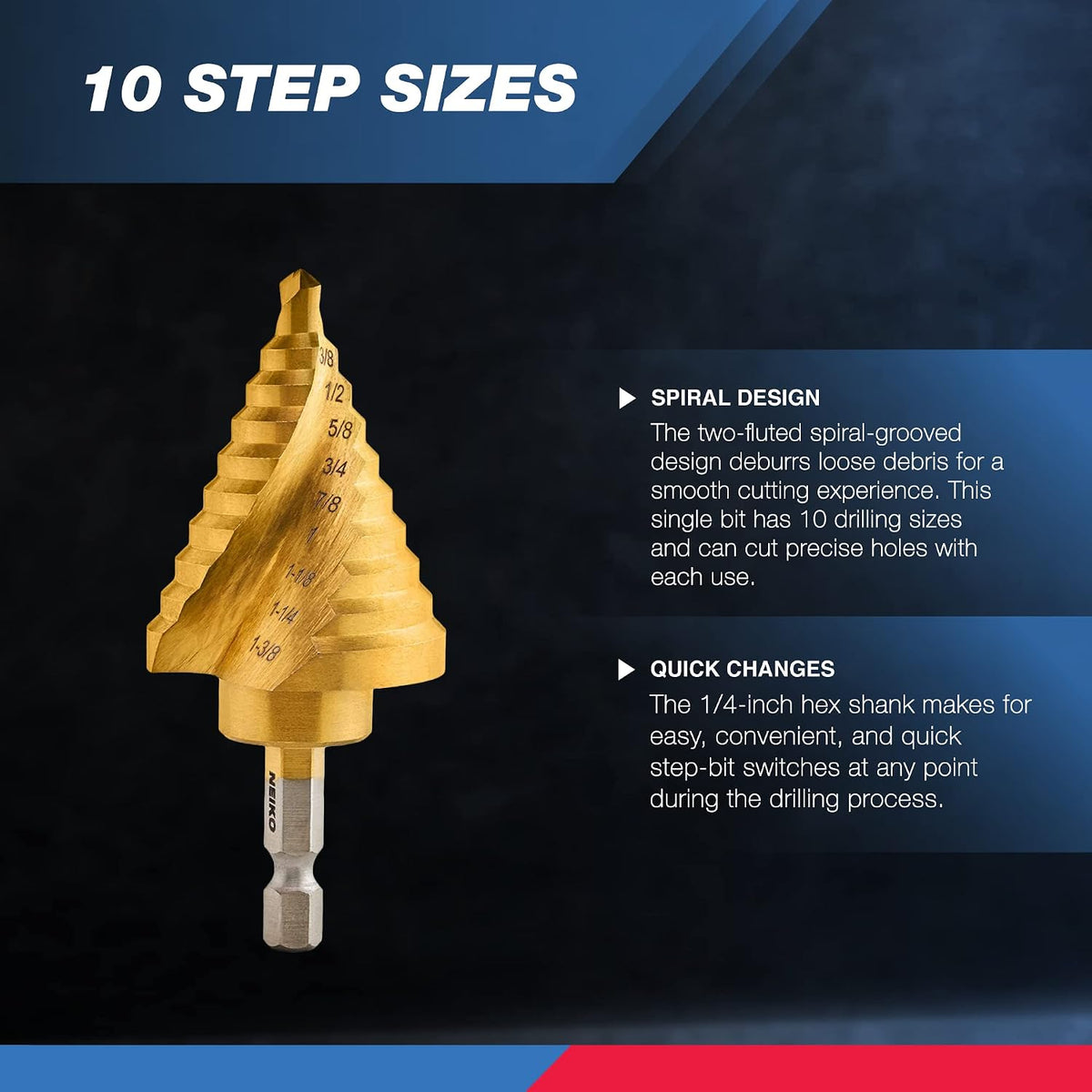 NEIKO 10174A Step Drill Bit, 10 Steps 1/4" to 1-3/8" Straight High Speed Steel, Titanium Nitride Coated, 1/4" Quick Change Step Bits for Steel, Metal, Wood, Plastic, Unibit Cone Drill Bits, Two Flute