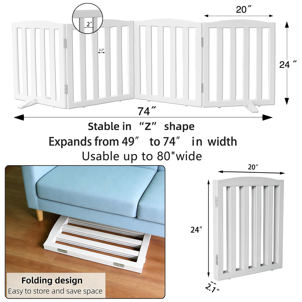 Freestanding Solid Wood Folding Pet & Dog Barrier Gate with Support Feet for Wide Indoor Openings, Hallways & Stairs — White