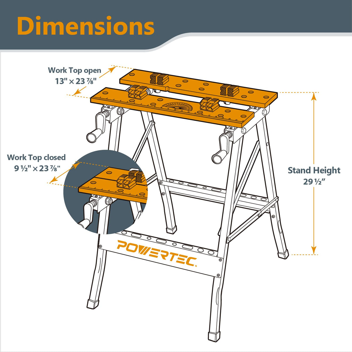 Portable Small Workbench with Vise, Imprinted Ruler and Protractor Scale, Folding Sawhorse/Worktable and 4 Bench Dogs