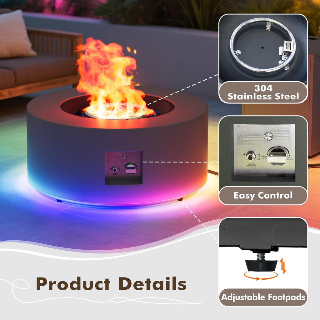 30" Round Outdoor Propane Fire Pit Table with LED for Outside Patio