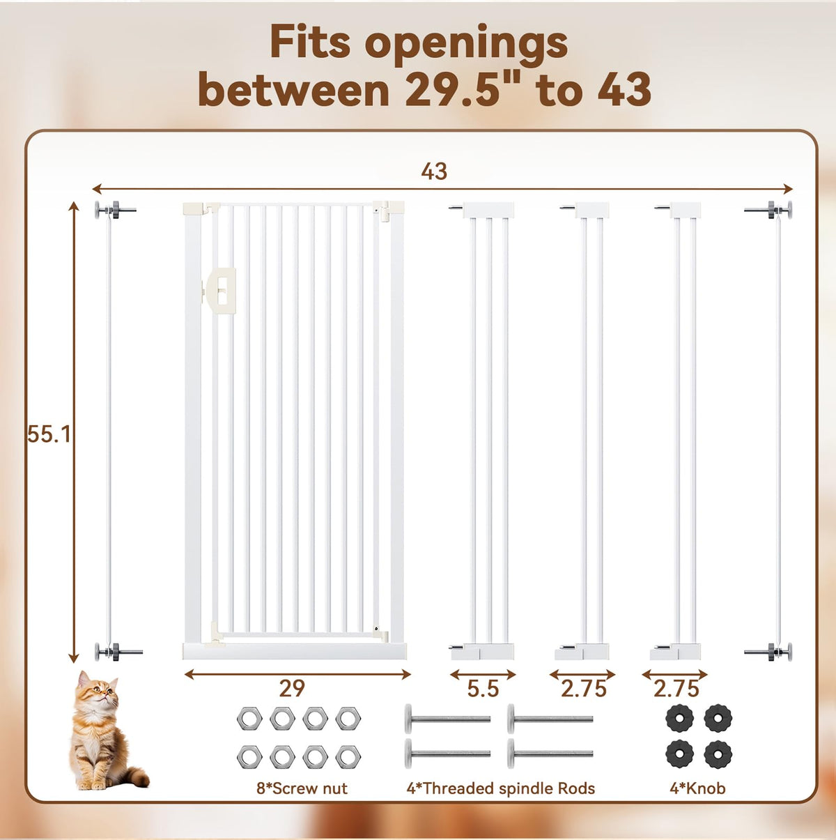 57" Extra-Tall Full-Height Anti-Jump Cat & Pet Safety Gate with No-Drill Pressure Mount & Auto-Close Walk-Through Door