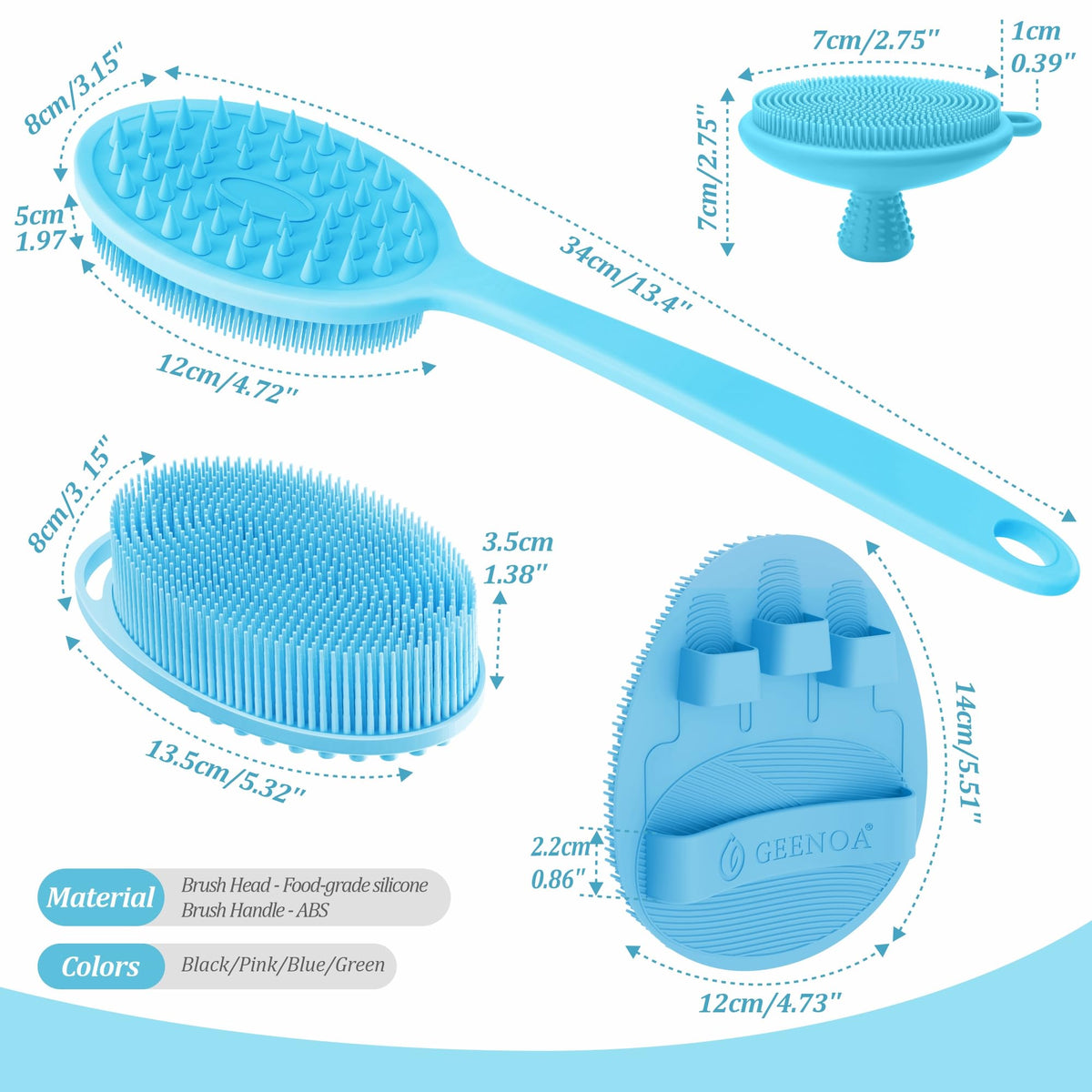 Silicone Back/Body/Face Scrubber & Soft Bath Glove Set 4PCS, Gentle Exfoliating Back & Body Scrubber with Dual-Side