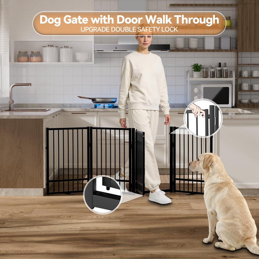 4-Panel Freestanding Heavy-Duty Steel Folding Pet & Dog Barrier Gate with Walk-Through Swing Door for Wide Indoor Openings, Hallways & Stairs