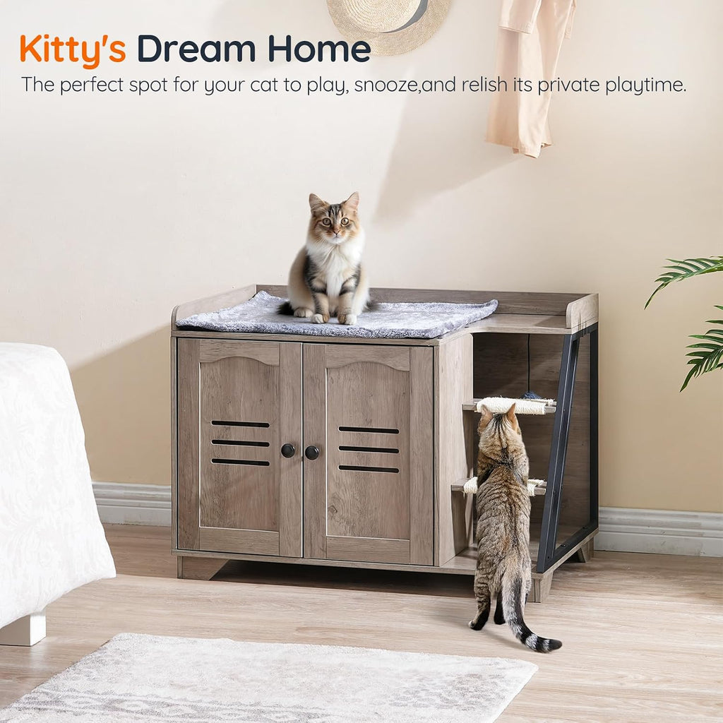 Cat Litter Box Enclosure with Ladder, Hidden Litter Box Furniture with Rechargeable 3-Color LED, Plush, Teaser Balls