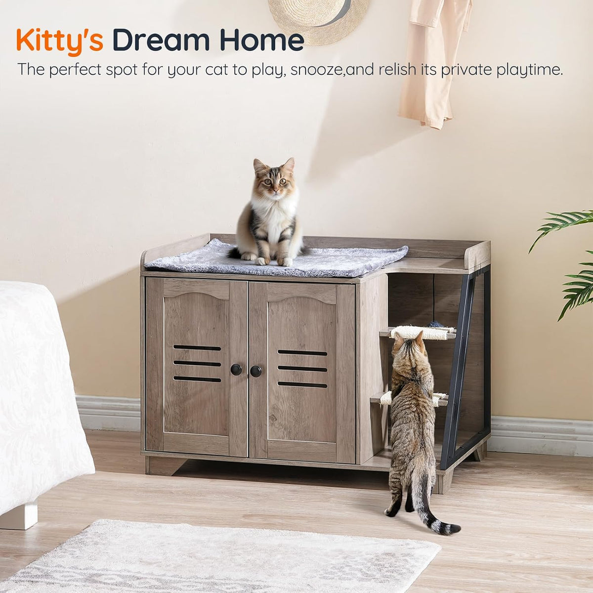 Cat Litter Box Enclosure with Ladder, Hidden Litter Box Furniture with Rechargeable 3-Color LED, Plush, Teaser Balls