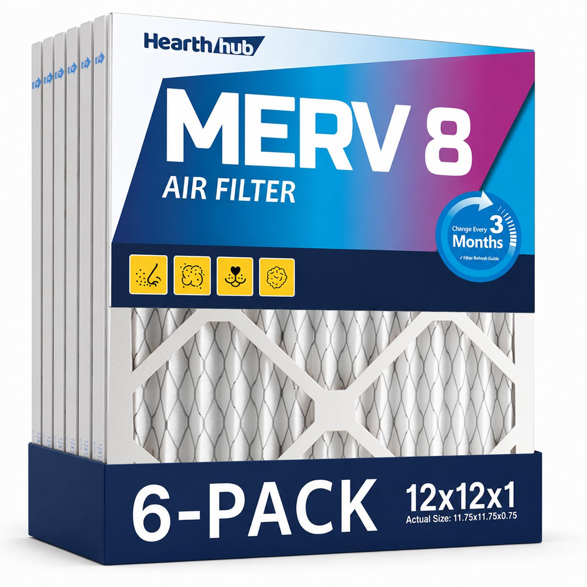 12×12×1 MERV 8 Furnace Air Filters - HVAC/Furnace AC Filter Replacement (Actual Size 11.75x11.75x0.75) - Pleated Dust