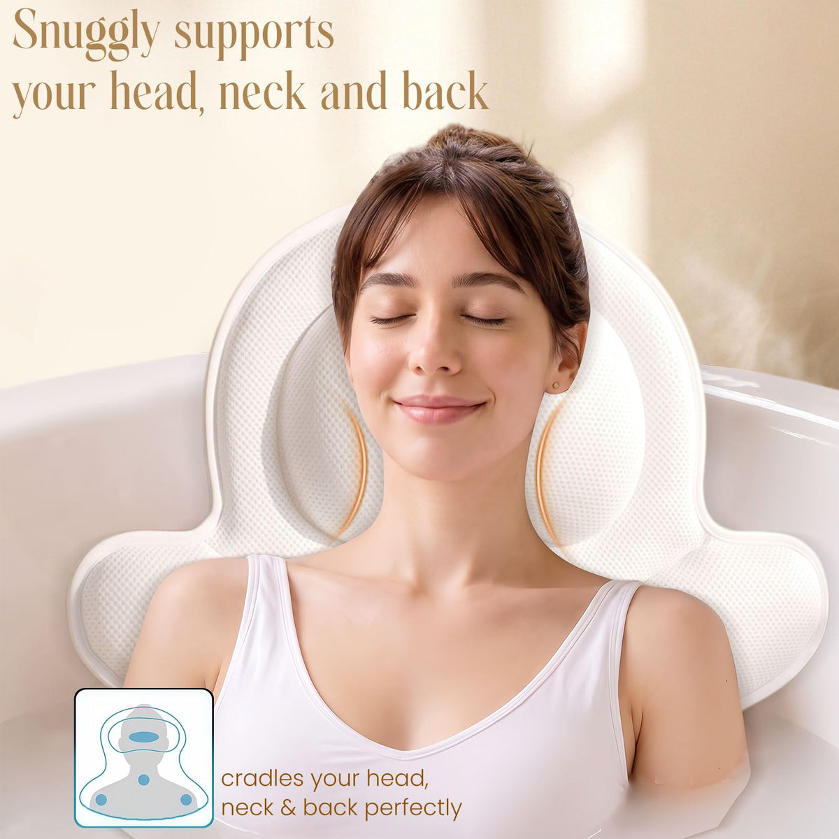 Bath Pillows for Tub, 4D Breathable Mesh Tub Cushion Neck Back Support with 6 Suction Cups Hanging Hook White