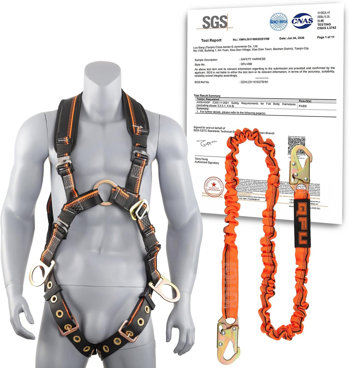 Full Body Safety Harness & Fall Protection Kit with Padded Straps, ANSI Compliant, Includes Shock-Absorbing Lanyard