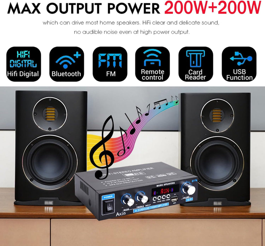 AK35 Stereo Amplifier Home Audio Bluetooth 5.0 Max 200W 2.0 Channel Mini Amplifier Stereo Receivers for Car, Home