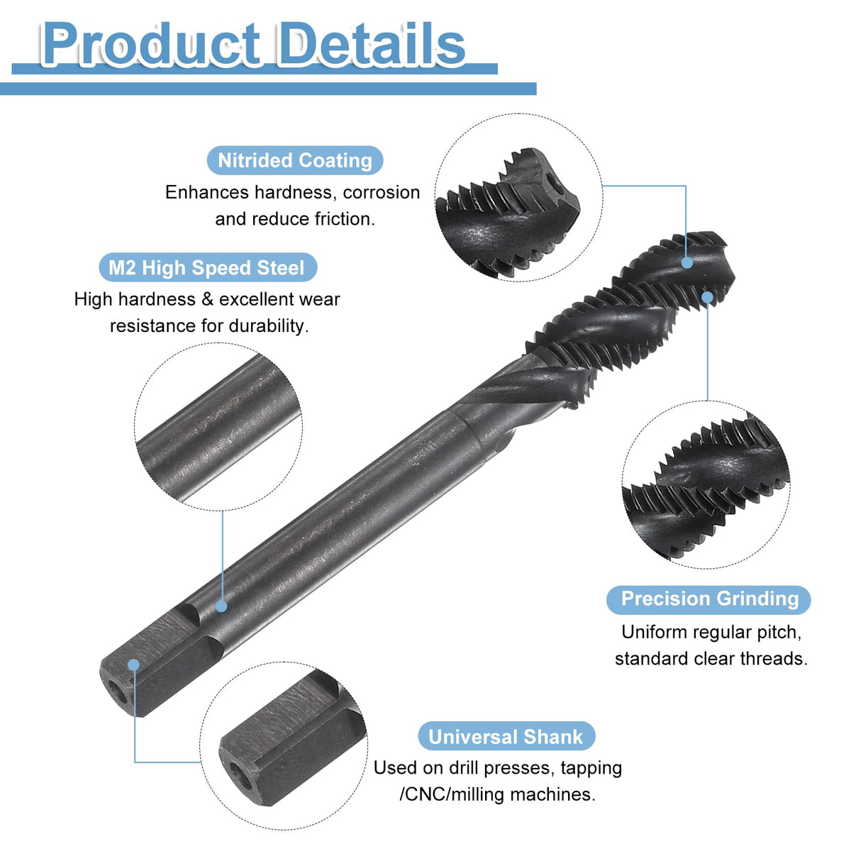 uxcell Spiral Flute Thread Taps M8 x 1 H2 Metric Machine Threading Tap Bit, Nitrided Coated Screw Tapping Repair Tool, M2 High-Speed Steel (HSS)
