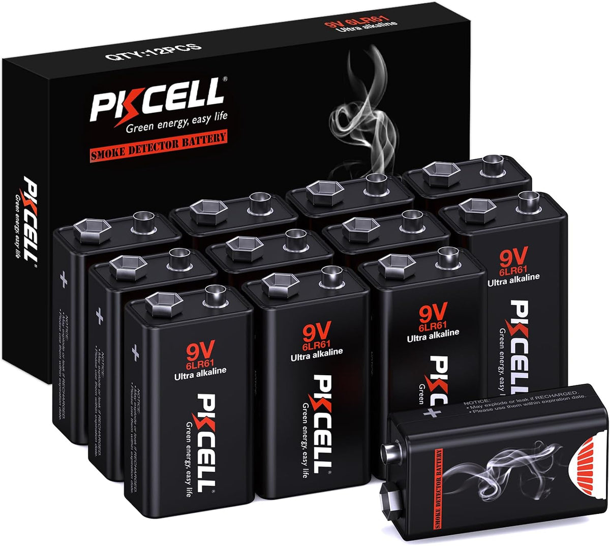 9 Volt Batteries 12 Pack, Alkaline 9V Batteries for Smoke Alarms | 6LR61 9 Volt Battery for Smoke Detector 10 Year