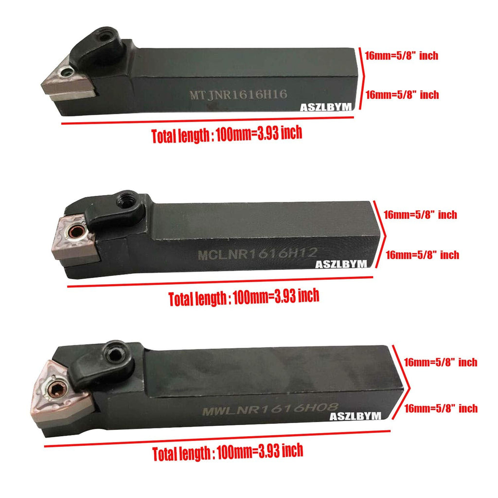 3PCS 5/8" Metal Lathe Excircle Indexable Carbide Turning Tool Holder Bit Set MTJNR1616H16 + MWLNR1616H08 + MCLNR1616H12 With 3pcs wnmg432, cnmg432, tnmg332 Indexable Carbide Inserts