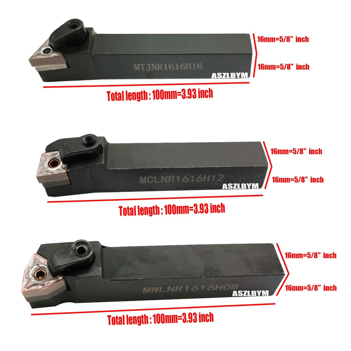 3PCS 5/8" Metal Lathe Excircle Indexable Carbide Turning Tool Holder Bit Set MTJNR1616H16 + MWLNR1616H08 + MCLNR1616H12 With 3pcs wnmg432, cnmg432, tnmg332 Indexable Carbide Inserts