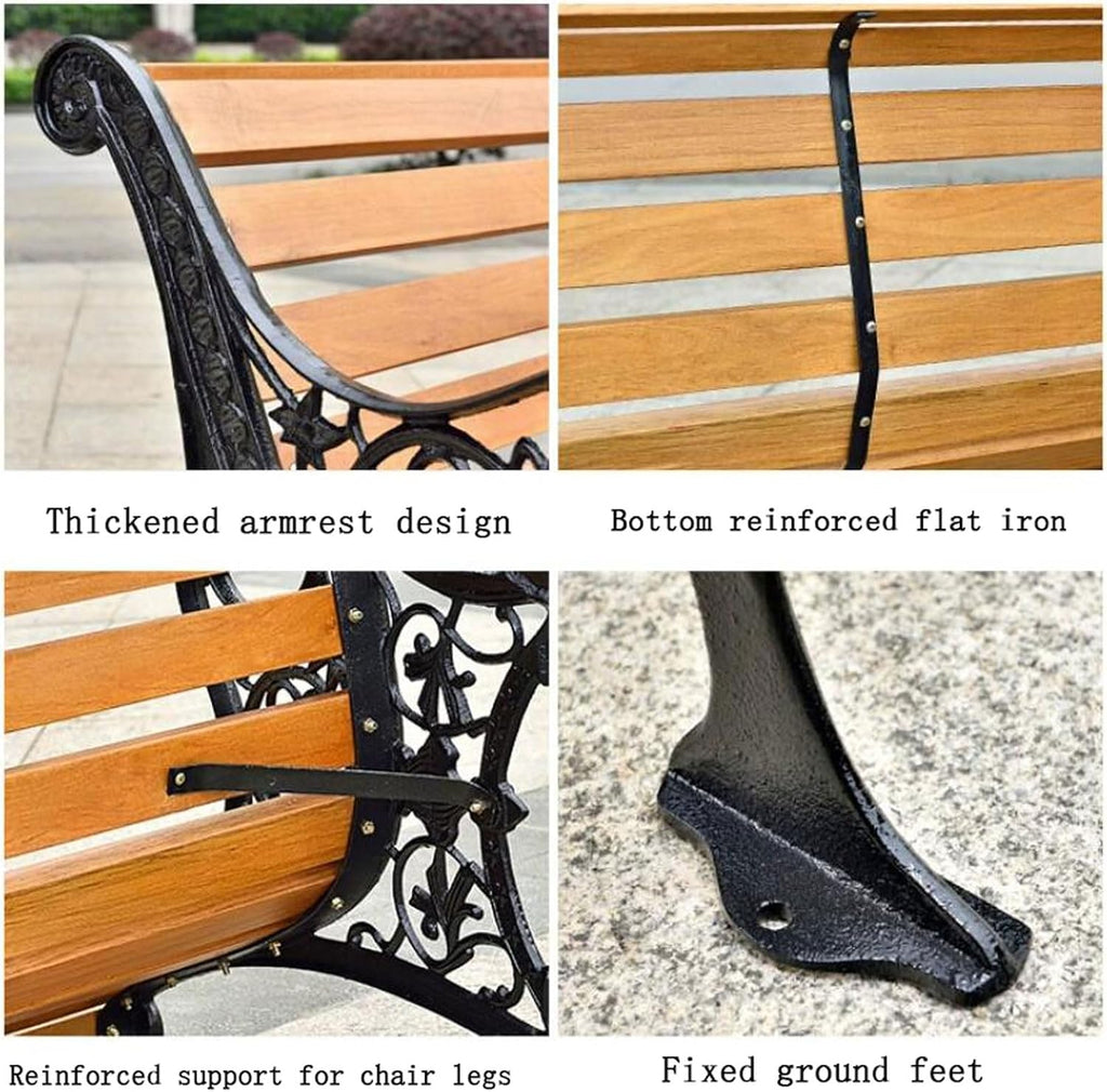 Outdoor Garden Bench with Waterproof Cover, Patio Park Lawn Solid Wood Bench with Cast Iron Frame, Patio Porch