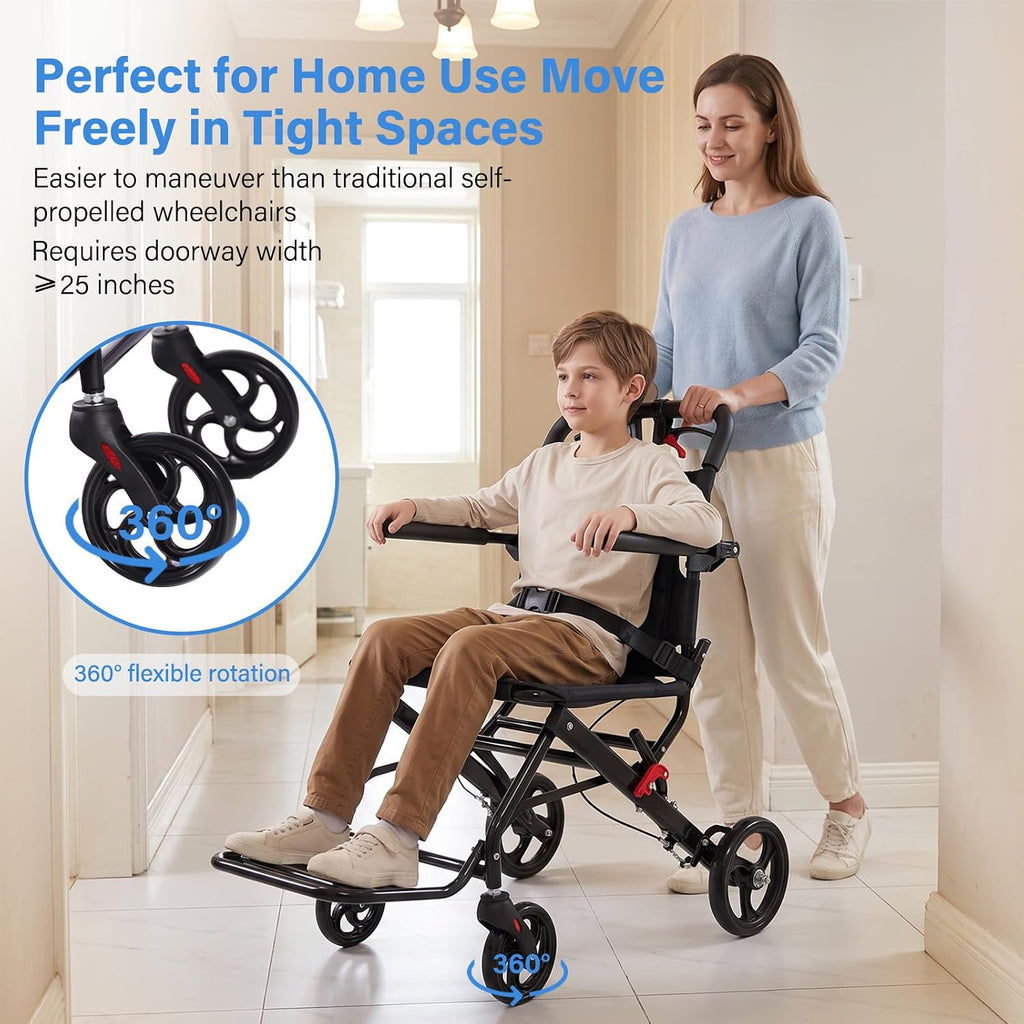 Lightweight Wheelchair for Kids & Teens, 17.7" Wide Seat Foldable Transport Chair for Petite Adults Under 150 lbs