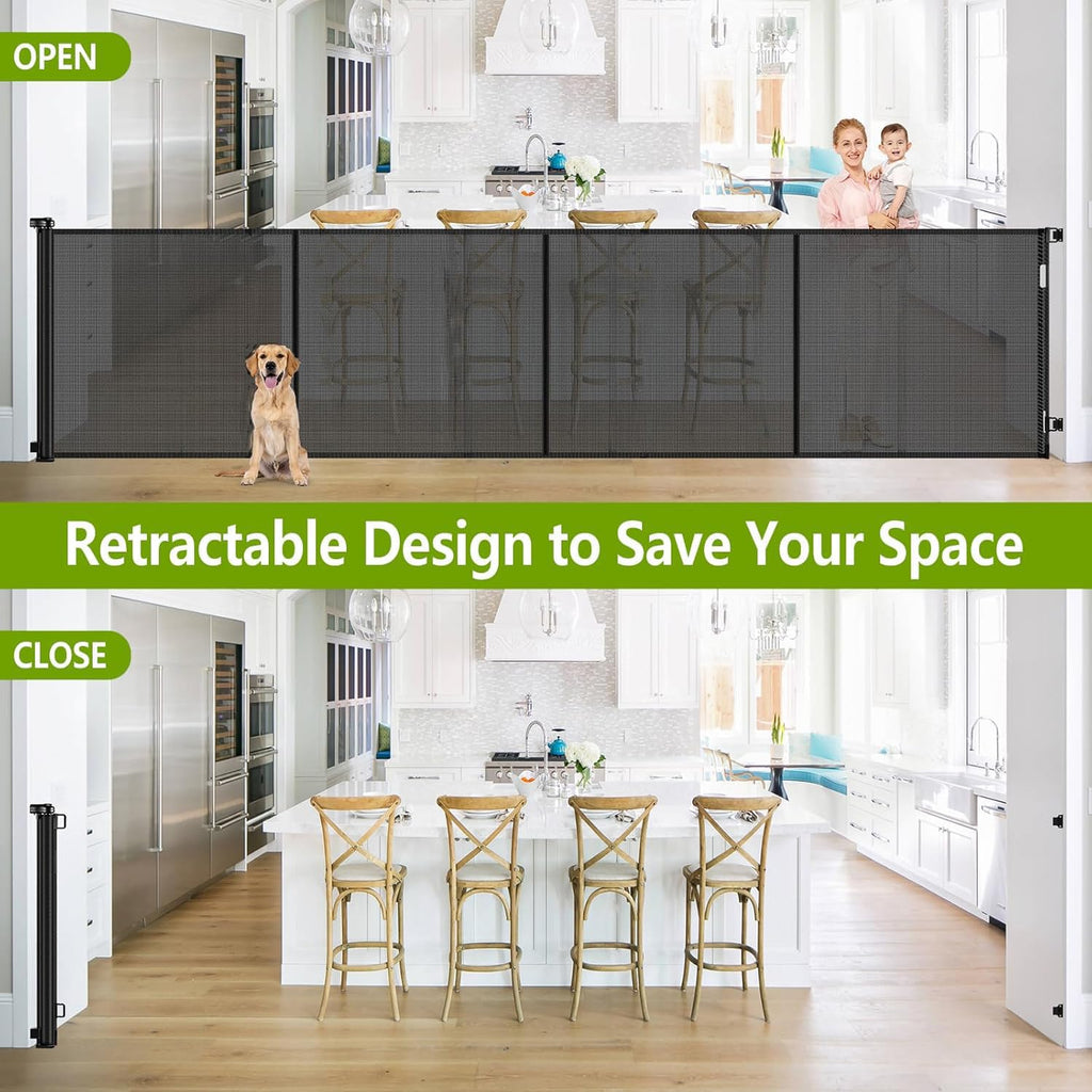42" Tall x 155" Wide Extra-Wide Retractable Indoor/Outdoor Mesh Pet & Child Safety Gate with One-Hand Safety Lock for Wide Openings, Patios & Stairways