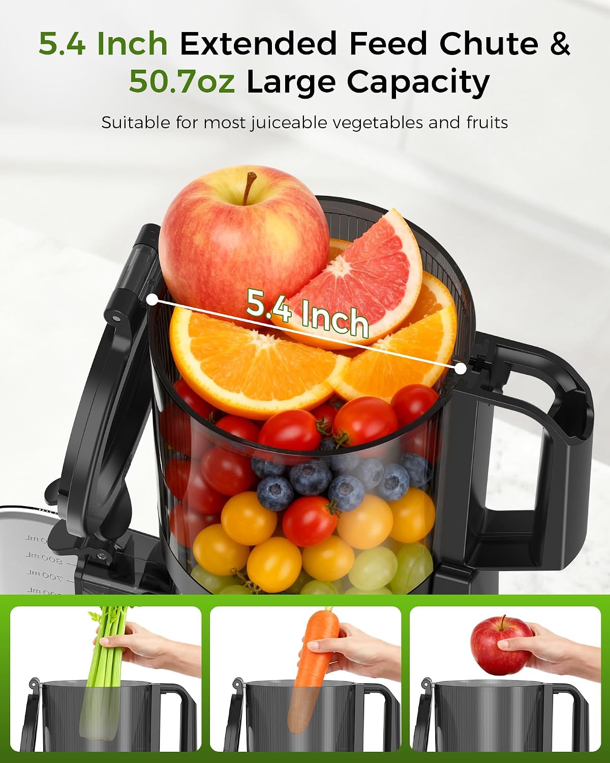 Cold Press Juicer, Advanced Touch Controls Juicer Machines with 5.4" Wide Feed Chute, Quiet Motor High Juice Yield
