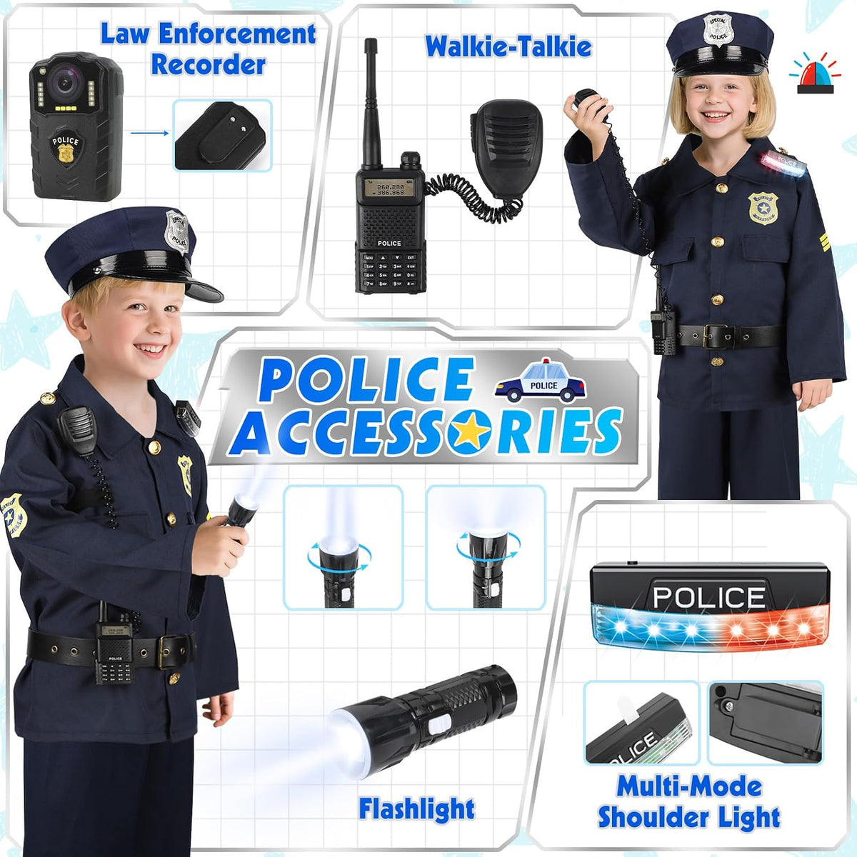 Police Costume for Kids 3-8, Cop Pretend Play Toys for Dress Up