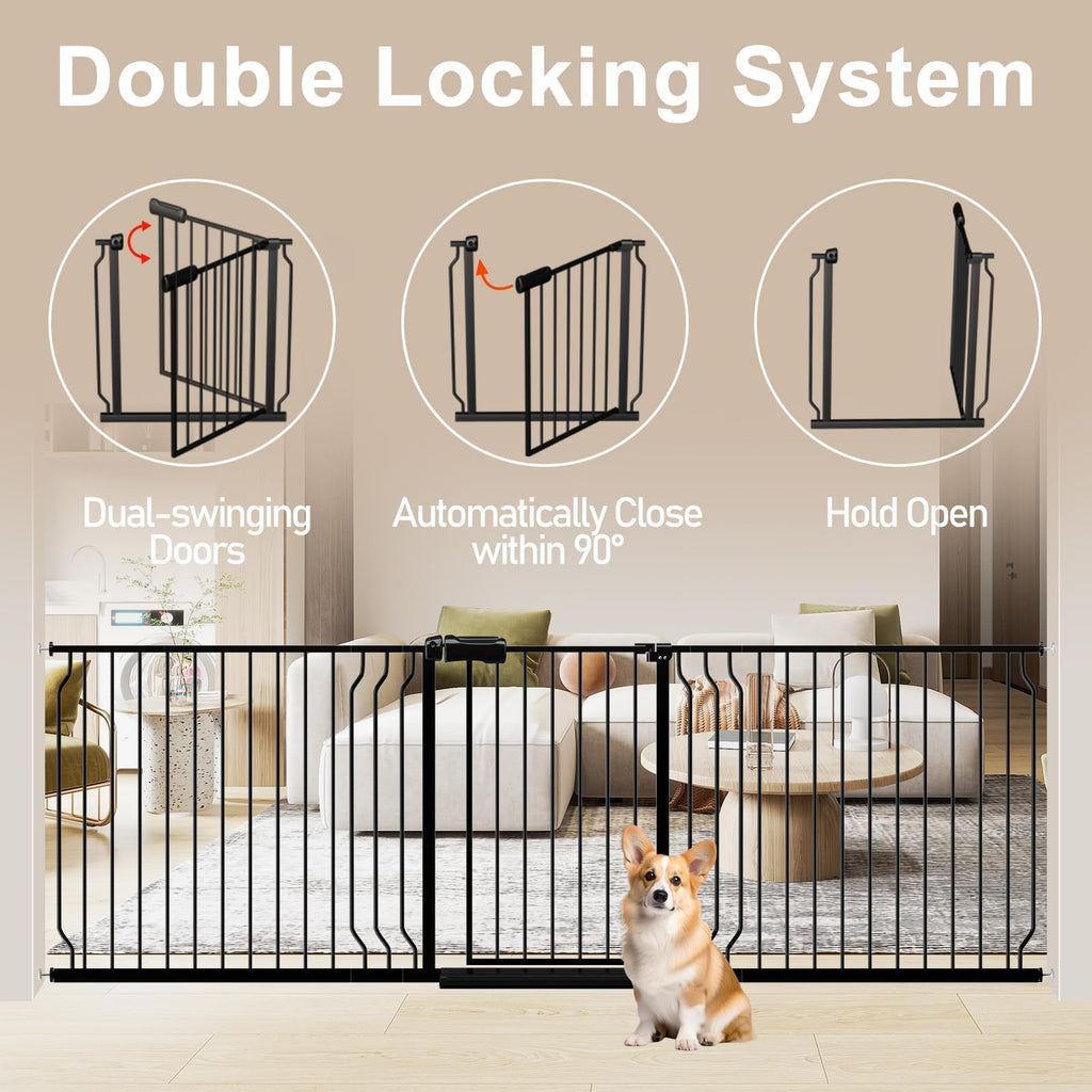 43.3-52.75" x 30" Tall Extra-Tall & Extra-Wide No-Drill Pressure-Mounted Pet & Child Safety Gate with Dual-Lock Walk-Through Swing Door for Stairs, Hallways & Wide Doorways — Black