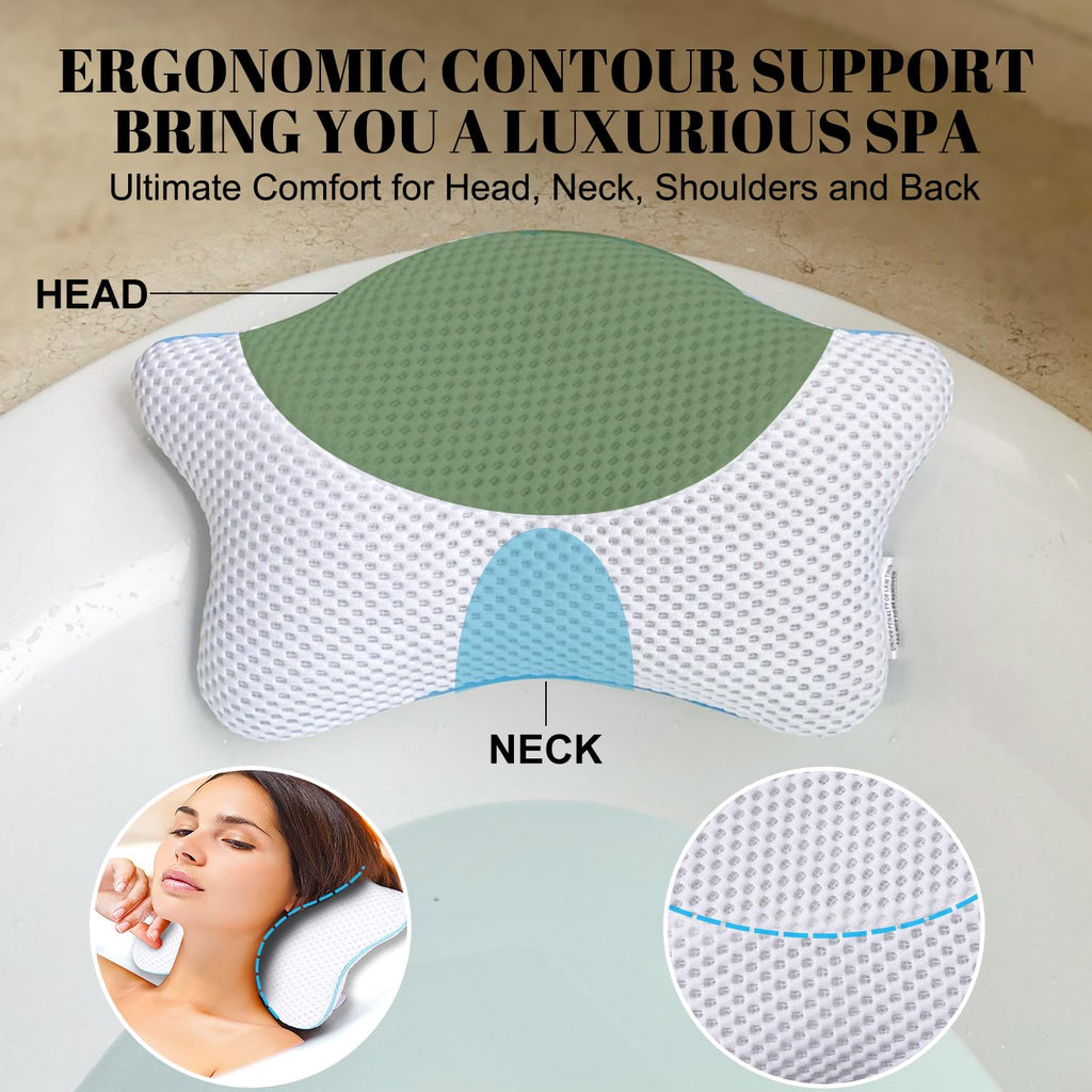 Non Slip Bath Pillow, Luxury Spa Bathtub Head & Neck Rest Support, Permeable Quick Drying Air Mesh Tub Pillow with 4