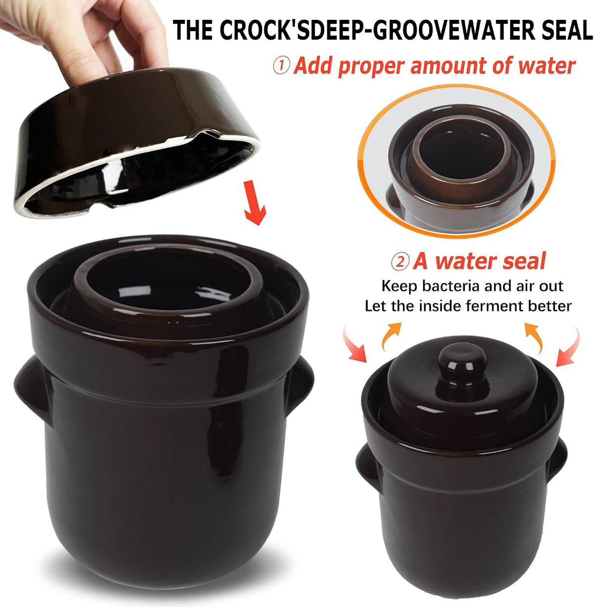 Fermentation Crock Jar 2 Liter/0.5 Gallon - Stoneware Pot for Fermenting, Pickling Kimchi, Pickles, Vegetables