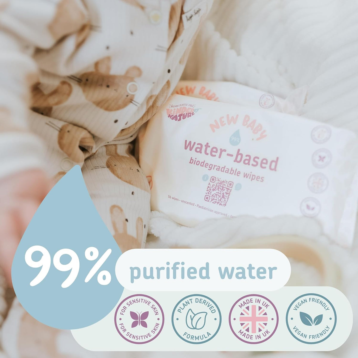 Kinder by Nature Water-Based Baby Wipes - 672 Count (12 packs of 56) -Unscented and Hypoallergenic - 99% water - 100%