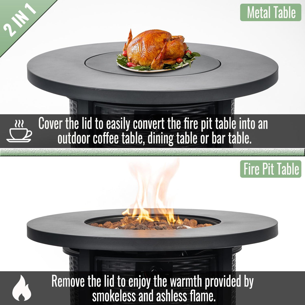 30 Inch Propane Fire Pit Table, Round Outdoor 50000 BTU, Steel, Black
