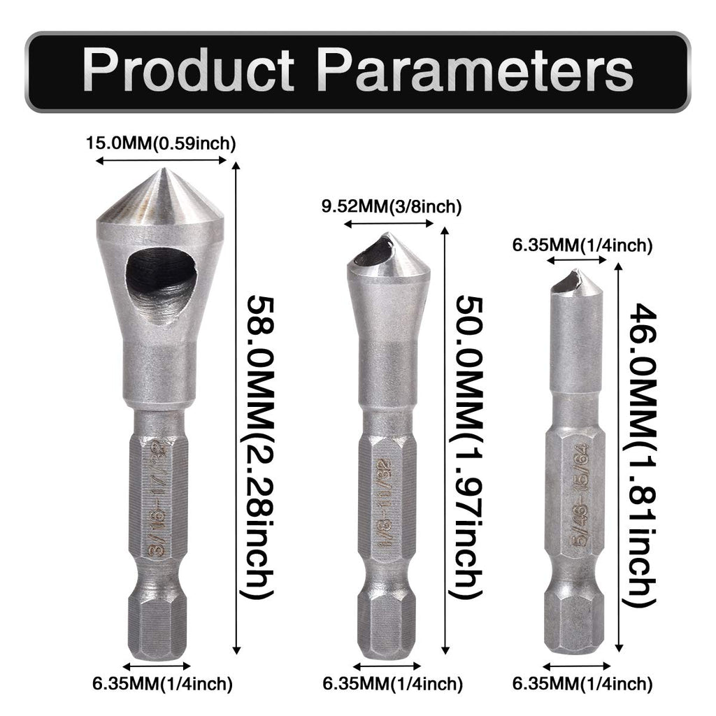 Countersink Deburring Tool Set Drill Bits 1/4 Hex Shank Chamfer Wood Countersink Deburring Drill Bit Tool 5/64 1/8 3/16 (Set of 3)