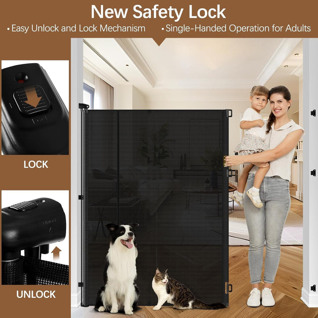60" x 55" Wide Extra-Wide Retractable Indoor Mesh Pet & Child Safety Gate with One-Hand Safety Lock for Wide Openings, Patios & Stairways — Black