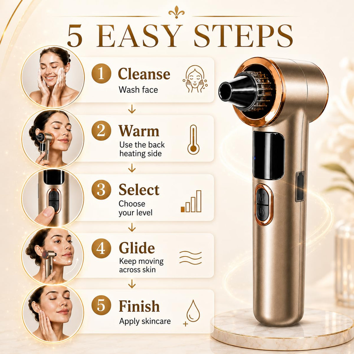 Heated Blackhead Remover Vacuum, Warm Compress Pore Vacuum Cleaner with 3 Suction Levels, LED Display, USB
