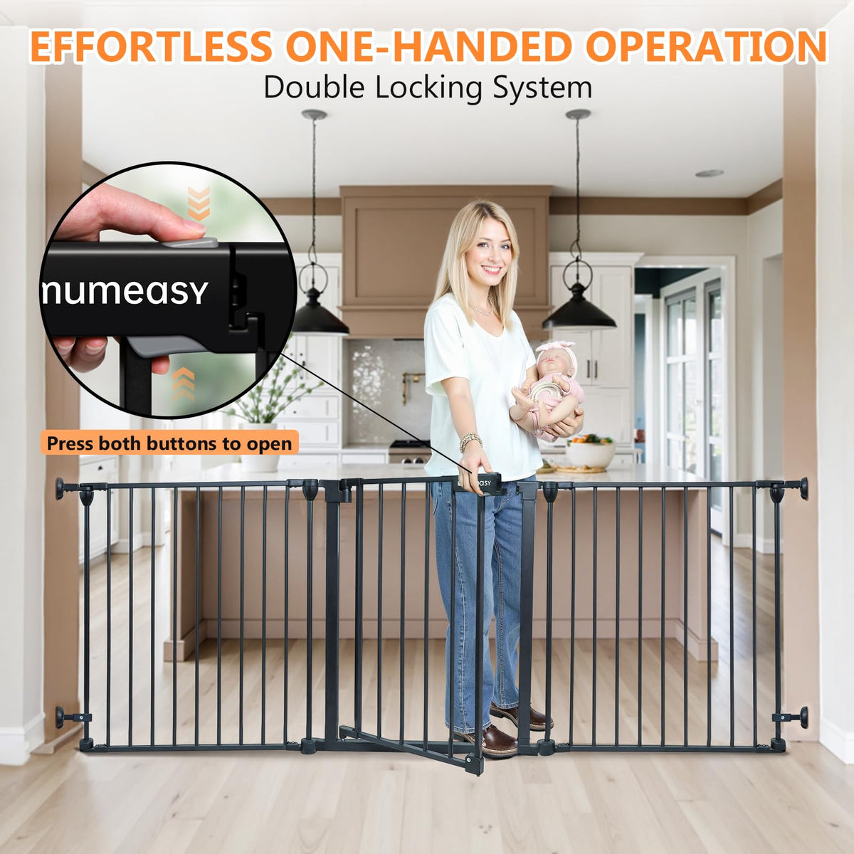 199" Extra-Wide Adjustable Hardware/Pressure-Mounted Pet & Child Safety Gate with Auto-Close Walk-Through Door for Stairs, Hallways & Wide Doorways