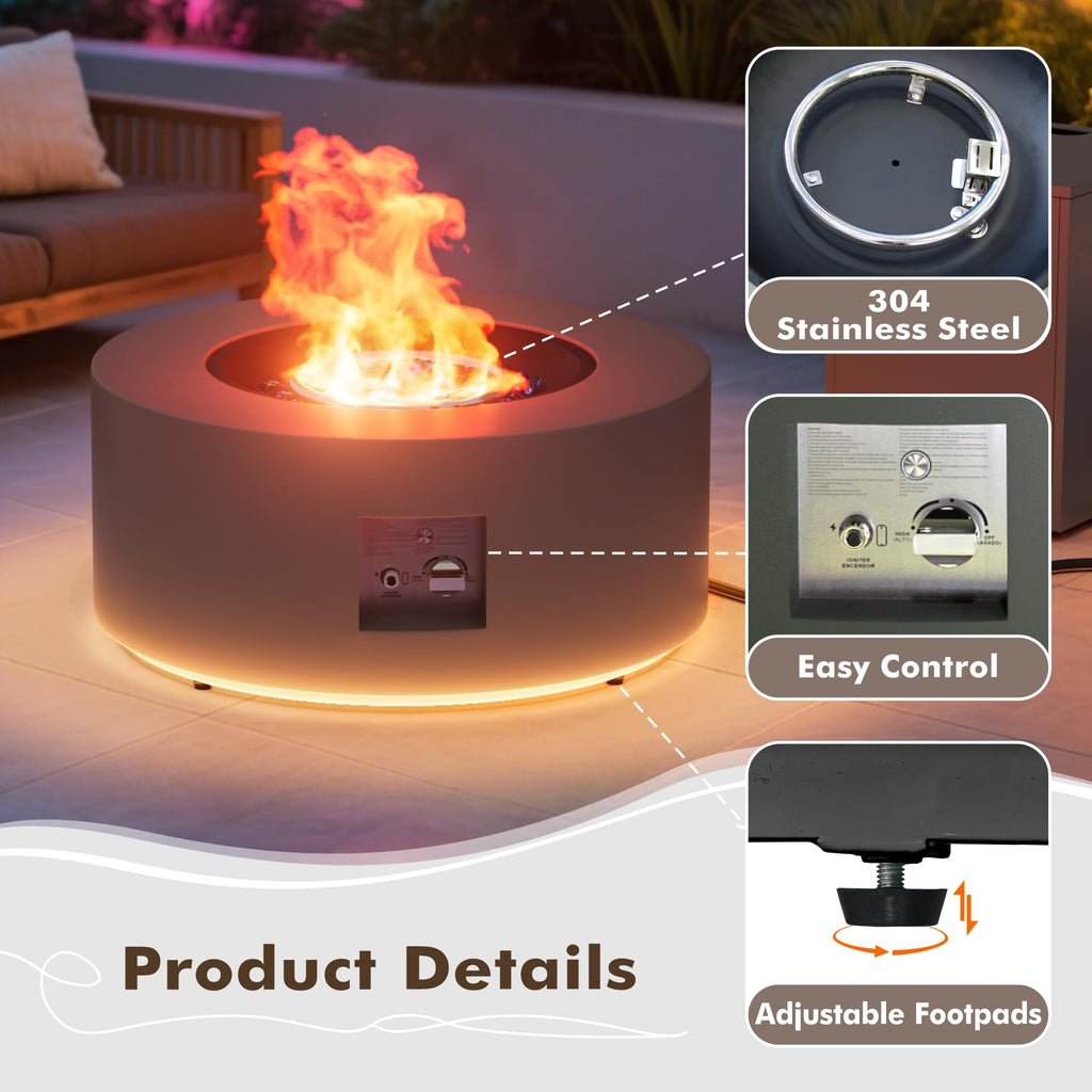 30" Round Outdoor Propane Fire Pit Table with LED for Outside Patio