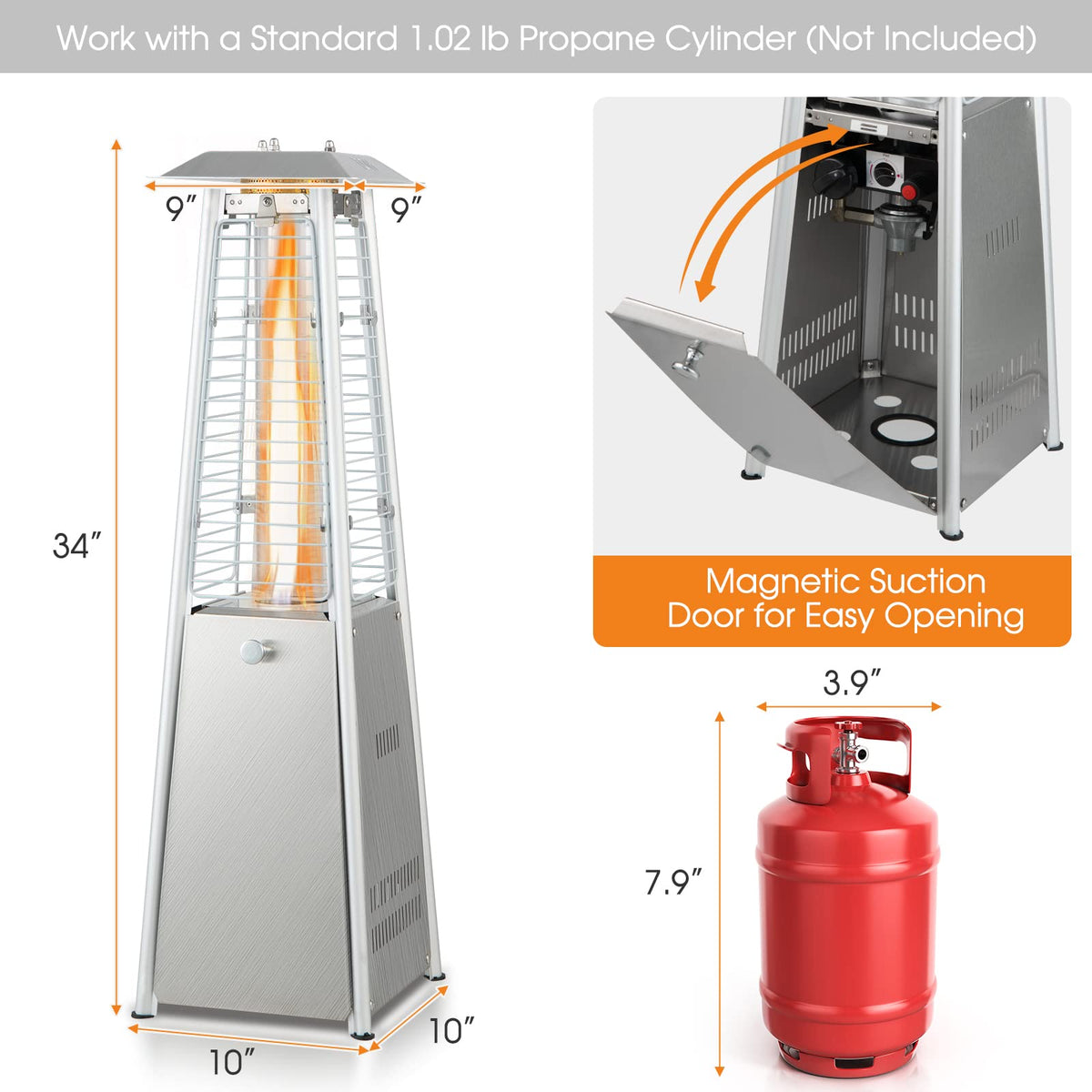 34" Pyramid Tabetop Propane Patio Heater, Silver