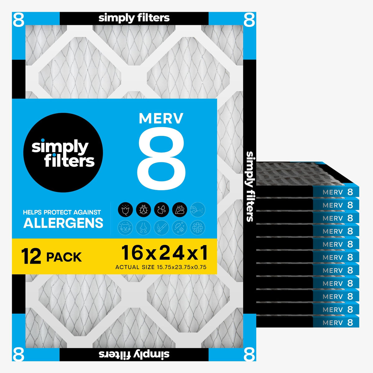 16x24x1 Air Filter, Merv 8, MPR 600, 12 Pack, Furnace Air Filter for HVAC (Actual Size: 15.75"x23.75"x0.75") DUST