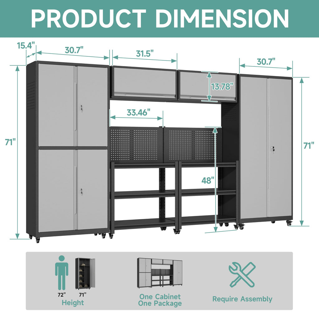 Metal Garage Storage Cabinets System, 6 Piece Workshop Steel Cabinet Set, Rolling Garage Cabinets for Tools, Lockable