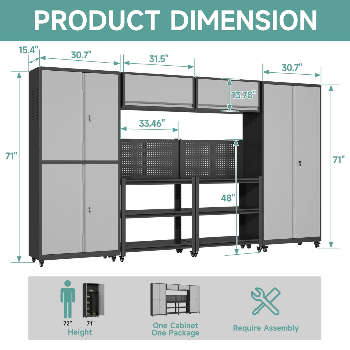 Metal Garage Storage Cabinets System, 6 Piece Workshop Steel Cabinet Set, Rolling Garage Cabinets for Tools, Lockable