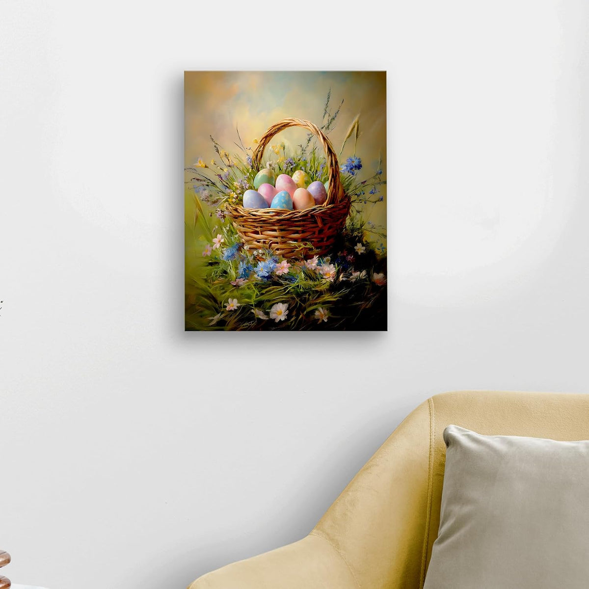 Easter Eggs Basket Spring Wall Decor Framed Canvas Wall Art, Vintage Wildflower Landscape Decor, Easter Bunny Eggs